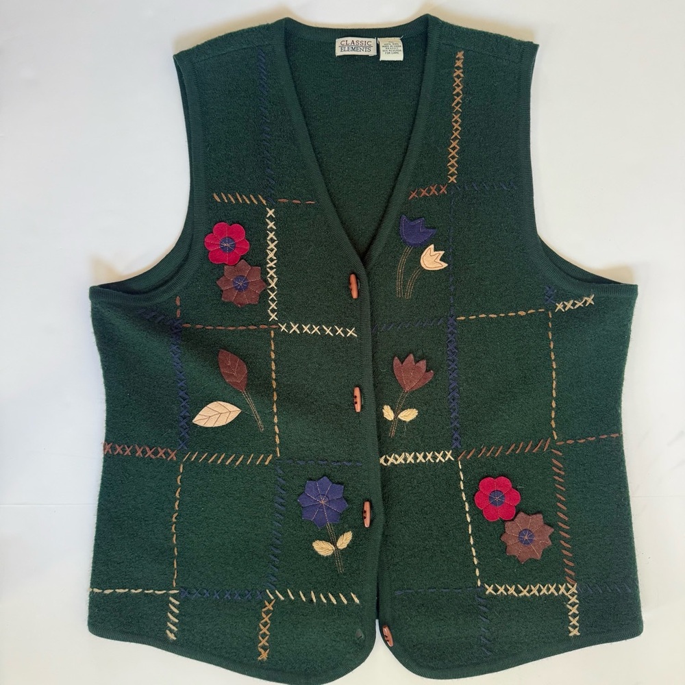 Vintage 90s 100% Wool Embroidered Patchwork Vest Large Cottagecore Grandmacore